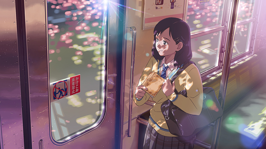 bag book cardigan from_above hair_ornament hairclip isai_shizuka medium_hair necktie original purple_hair school_uniform smile solo standing train_interior window