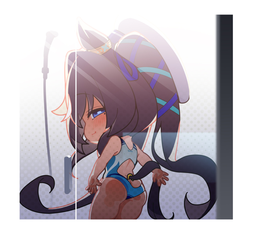 1girl against_glass animal_ears ass back_cutout blue_eyes blue_one-piece_swimsuit blue_pupils blue_ribbon brown_hair chibi closed_mouth clothing_cutout commentary ear_ornament from_behind hair_ribbon hat horse_ears horse_girl horse_tail horseshoe_ornament long_hair looking_at_viewer looking_back mole mole_under_eye one-piece_swimsuit profile ribbon shower_(place) smirk solo swimsuit tail thighs umamusume very_long_hair vivlos_(umamusume) warashi white_headwear white_one-piece_swimsuit