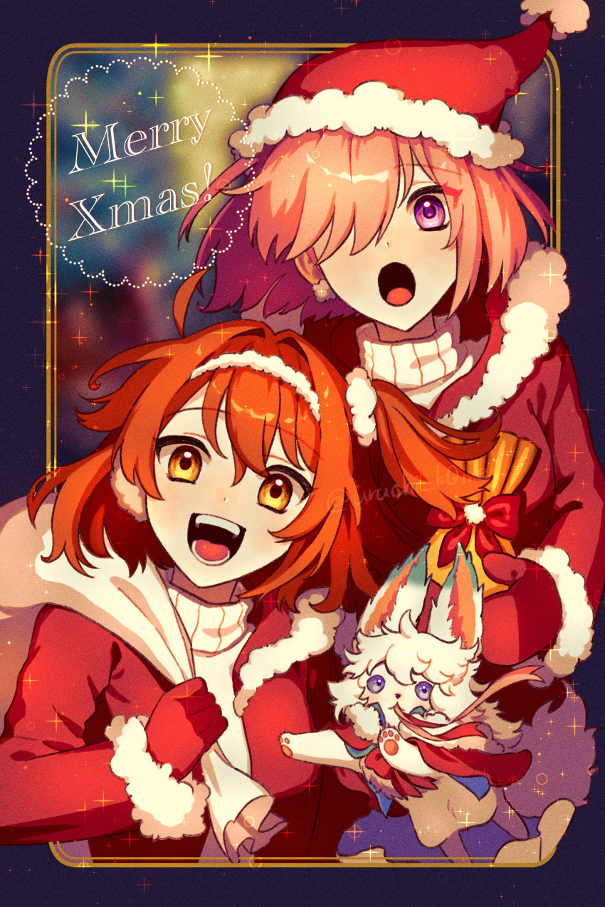2girls absurdres ahoge alternate_costume christmas commentary_request creature fate/grand_order fate_(series) fou_(fate) fujimaru_ritsuka_(female) fur-trimmed_hairband fur-trimmed_headwear fur-trimmed_jacket fur-trimmed_sleeves fur_trim gloves hair_between_eyes hair_intakes hair_ornament hair_over_one_eye hair_scrunchie hairband hat highres holding holding_sack hood hood_down hooded_jacket jacket looking_at_viewer mash_kyrielight merry_christmas mouth_hold multiple_girls one_eye_covered open_clothes open_jacket open_mouth orange_eyes orange_hair pink_hair purple_eyes red_gloves red_headwear red_jacket sack santa_costume santa_hat scrunchie short_hair side_ponytail smile sweater teeth turtleneck turtleneck_sweater twitter_username uruchimai_okome white_hairband white_scrunchie white_sweater