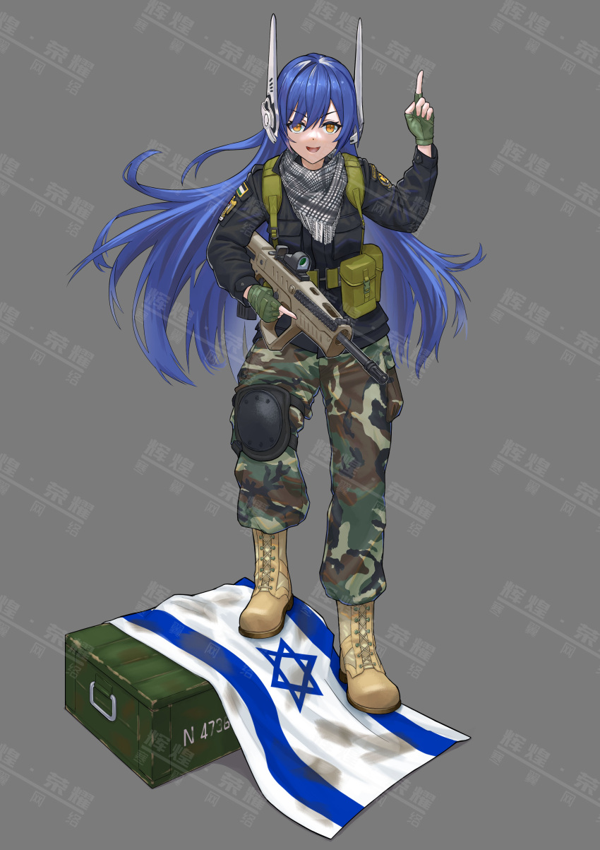 1girl absurdres ammunition_box arm_up assault_rifle belt_pouch blue_hair bullpup commission fingerless_gloves full_body girls'_frontline gloves green_gloves gun headgear hexagram highres holding holding_gun holding_weapon huihuang_rongyao israel iwi_tavor keffiyeh knee_pads long_hair long_sleeves looking_at_viewer military_uniform orange_eyes palestine pointing pointing_up pouch rifle robot_ears shoes single_knee_pad smile standing star_of_david tar-21_(girls'_frontline) uniform weapon