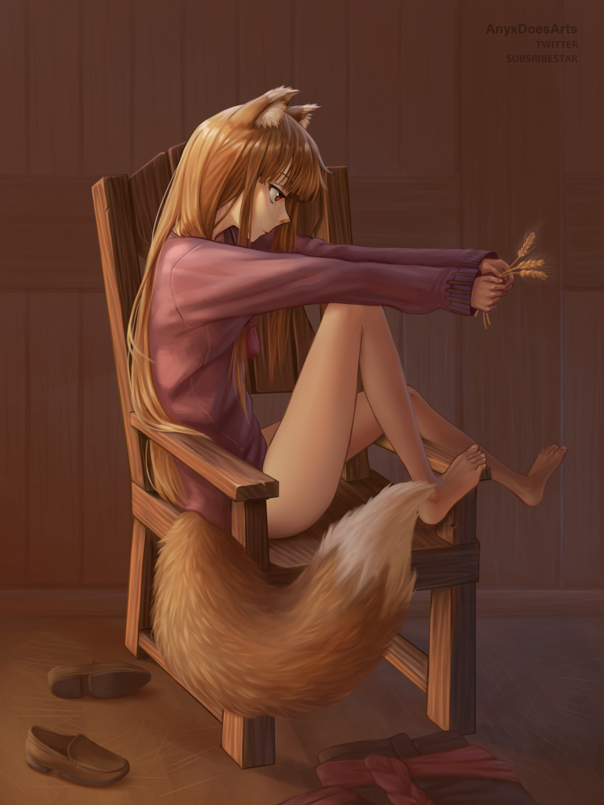 1girl absurdres animal_ears anyxdoesarts bare_legs barefoot chair expressionless from_side full_body highres holo indoors light_brown_hair long_hair long_sleeves no_pants on_chair pink_shirt red_eyes shirt shoes sitting spice_and_wolf tail unworn_clothes unworn_footwear wheat wolf_ears wolf_girl wolf_tail