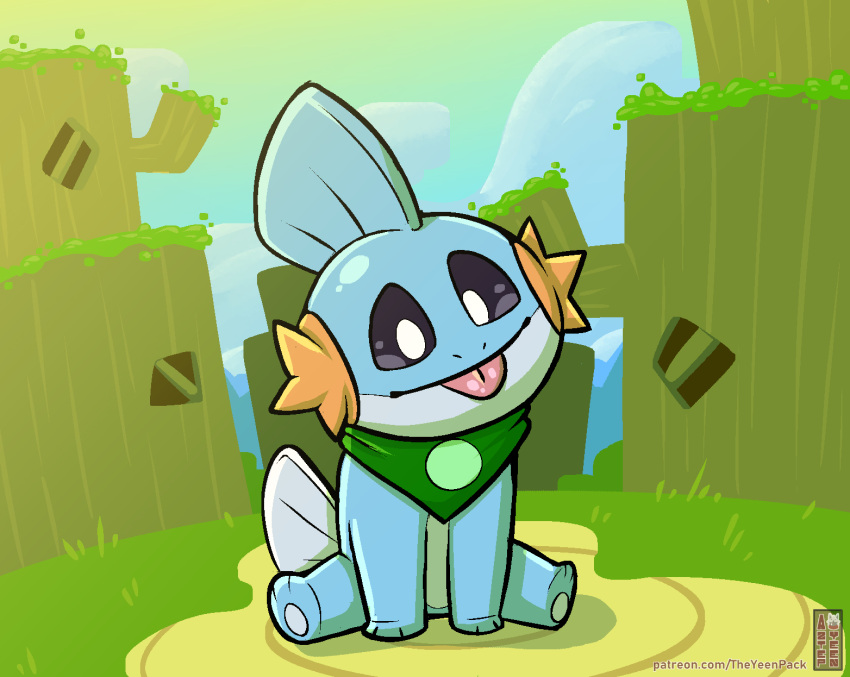 2023 aztepyeen black_sclera blep blue_body clothing dark_clothing day digital_drawing_(artwork) digital_media_(artwork) generation_3_pokemon grass green_clothing hi_res mudkip multicolored_clothing nintendo orange_body outside path_(pathwarden) pawpads paws plant pokemon pokemon_(species) sitting smile solo tongue tongue_out tree two_tone_clothing white_body white_eyes white_pawpads