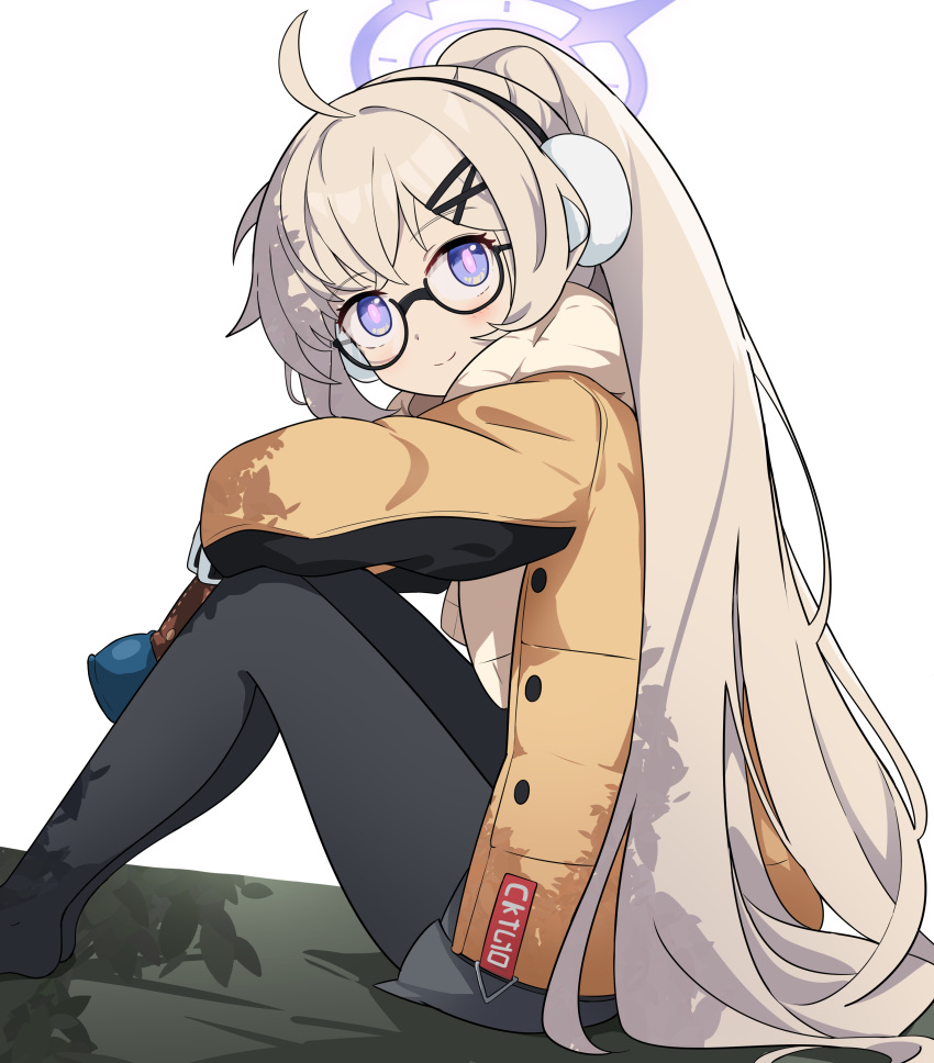1girl absurdres ahoge black-framed_eyewear black_pantyhose blonde_hair blue_archive blush closed_mouth earmuffs glasses halo highres jacket kittenlochen kotama_(blue_archive) kotama_(camp)_(blue_archive) legs_together long_hair long_sleeves looking_at_viewer official_alternate_costume open_clothes open_jacket pantyhose ponytail purple_eyes purple_halo sitting smile solo yellow_jacket