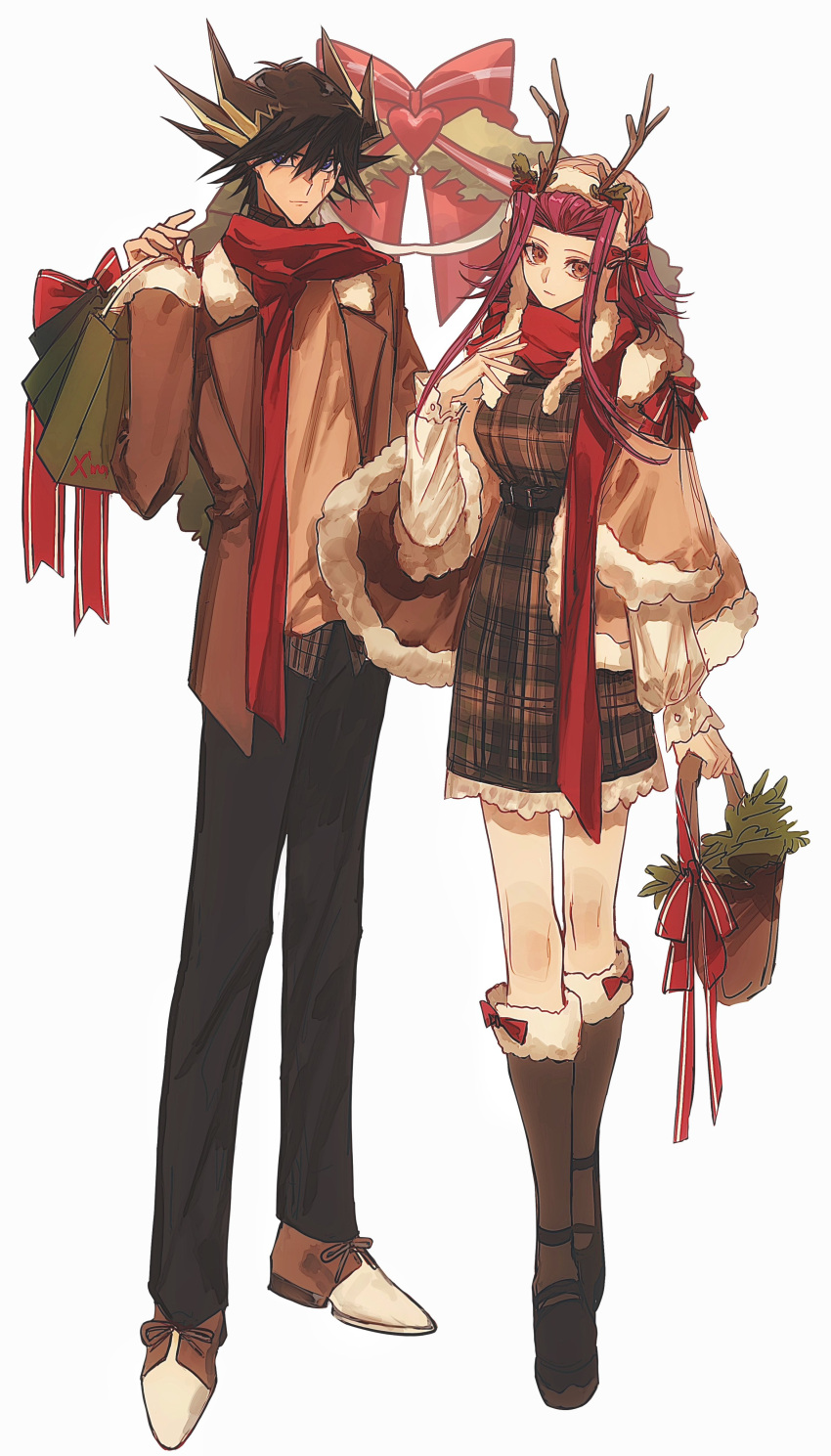 1boy 1girl absurdres alternate_costume bag basket belt black_belt black_hair black_pants blue_eyes bow brown_eyes brown_footwear brown_headwear brown_jacket brown_shirt chest_strap christmas collared_shirt commentary couple dress facial_mark facial_tattoo fake_antlers frilled_dress frills fudou_yuusei fur-trimmed_headwear fur-trimmed_jacket fur-trimmed_socks fur_trim hair_bow hand_up heart high_collar highres holding holding_bag holding_basket izayoi_aki jacket kneehighs layered_shirt light_smile long_bangs long_sleeves marking_on_cheek matching_outfits medium_hair multicolored_hair naoki_(2rzmcaizerails6) open_clothes open_jacket pants plaid plaid_shirt plaid_vest puffy_long_sleeves puffy_sleeves purple_hair red_bow red_ribbon red_scarf ribbon scarf shirt shopping_bag short_hair socks spiked_hair streaked_hair symbol-only_commentary tattoo vest white_background winter_clothes yu-gi-oh! yu-gi-oh!_5d's