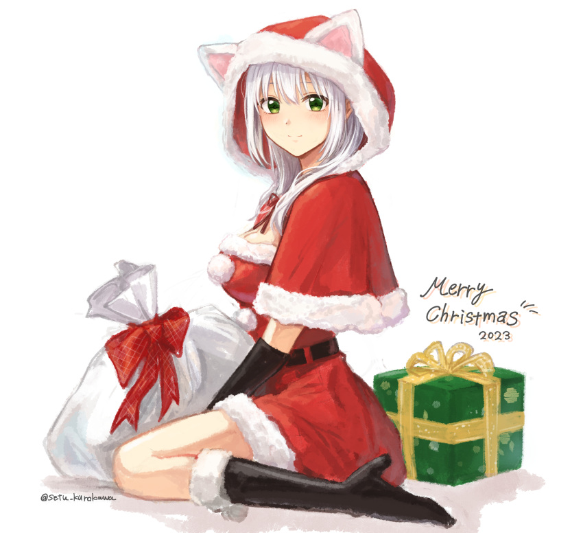 1girl animal_ears black_gloves boots cat_ears chinese_knot dress full_body gift gloves green_eyes high_heel_boots high_heels highres hood looking_at_viewer original profile red_dress santa_dress seiza setu_kurokawa sitting solo white_hair