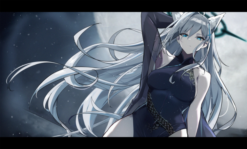 1girl absurdres animal_ears arm_up black_dress blue_archive blue_eyes breasts changpan_hutao china_dress chinese_clothes closed_mouth coat cosplay covered_navel cross_hair_ornament dark_halo dragon_print dress extra_ears grey_coat grey_hair hair_ornament halo highres kisaki_(blue_archive) kisaki_(blue_archive)_(cosplay) large_breasts letterboxed long_hair long_sleeves mismatched_pupils open_clothes open_coat shiroko_(blue_archive) shiroko_terror_(blue_archive) sideboob sleeveless sleeveless_dress solo wolf_ears