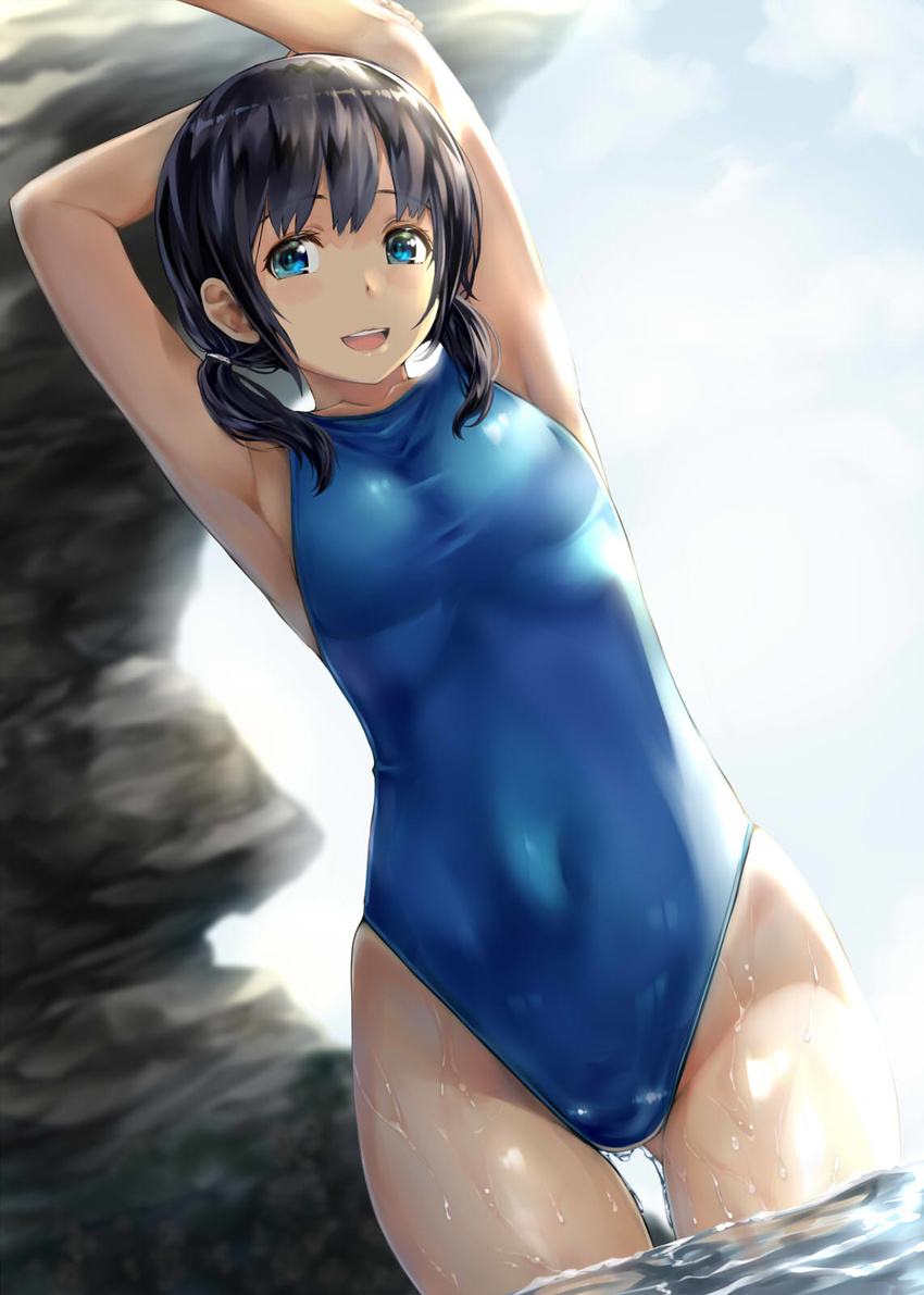 :d armpits arms_up ass_visible_through_thighs backlighting bangs black_hair blue_eyes blue_swimsuit blush breasts collarbone commentary_request covered_navel cowboy_shot day dutch_angle eyebrows_visible_through_hair half-closed_eyes highleg highleg_swimsuit highres hips light_smile looking_at_viewer low_twintails medium_breasts nagayori navel one-piece_swimsuit open_mouth original outdoors shiny shiny_clothes shiny_hair shiny_skin short_twintails sidelocks skin_tight smile solo stretch swimsuit tareme teeth thighs twintails wading wet