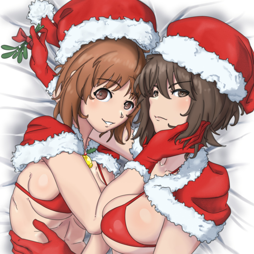 2girls bed_sheet bell bikini breasts brown_eyes brown_hair capelet christmas closed_mouth commentary english_commentary frown fur-trimmed_capelet fur-trimmed_gloves fur-trimmed_headwear fur_trim girls_und_panzer glaring gloves hand_on_another's_face hat highres holding_mistletoe huaronanago large_breasts looking_at_another medium_breasts mistletoe multiple_girls neck_bell nishizumi_maho nishizumi_miho on_bed parted_lips red_bikini red_capelet red_gloves red_headwear santa_gloves santa_hat short_hair siblings sisters smile swimsuit