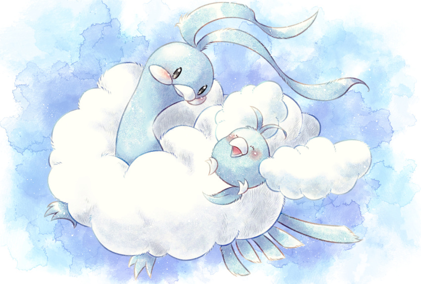 altaria animal_focus beak black_eyes blue_background blue_skin cloud colored_skin commentary_request evolutionary_line highres no_humans pokemon pokemon_(creature) remedy_matome swablu wings