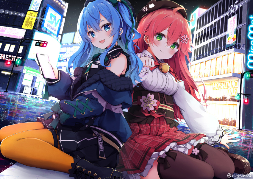 2girls ahoge bell beret black_headwear black_shorts black_thighhighs blue_eyes blue_hair blue_jacket blush breasts building censored closed_mouth commentary english_commentary flower full_body green_eyes hair_flower hair_ornament hat highres holding holding_phone hololive hoshimachi_suisei hoshimachi_suisei_(streetwear) jacket long_hair long_sleeves looking_at_viewer medium_breasts multiple_girls neck_bell niwasane_(saneatsu03) official_alternate_costume open_mouth orange_pantyhose pantyhose paw_pose phone pink_hair plaid plaid_skirt red_skirt sakura_miko sakura_miko_(3rd_costume) shirt shorts sitting skirt smile thighhighs traffic_light virtual_youtuber white_shirt yokozuwari