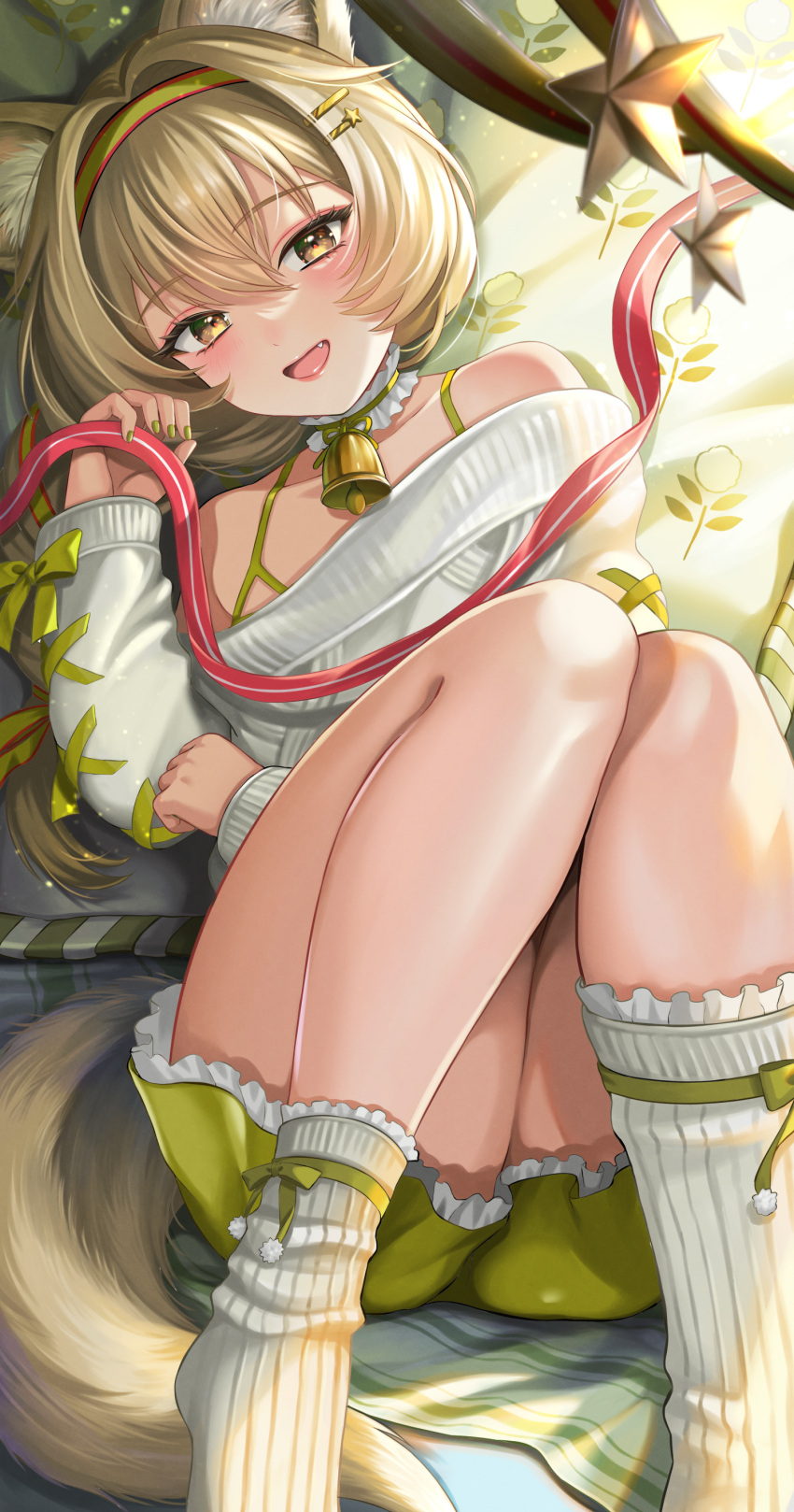 1girl :d absurdres arknights beanstalk_(arknights) beanstalk_(gift_uncompleted)_(arknights) bell blush brown_hair collar dress fang frilled_collar frills green_dress green_nails green_ribbon hair_between_eyes hair_ornament hair_ribbon hairclip highres hyena_ears hyena_girl hyena_tail kemurikemu knees_up long_hair long_sleeves looking_at_viewer lying nail_polish neck_bell off-shoulder_sweater off_shoulder official_alternate_costume on_back open_mouth red_ribbon ribbon smile socks solo star_(symbol) star_hair_ornament sweater thighs white_socks white_sweater yellow_eyes