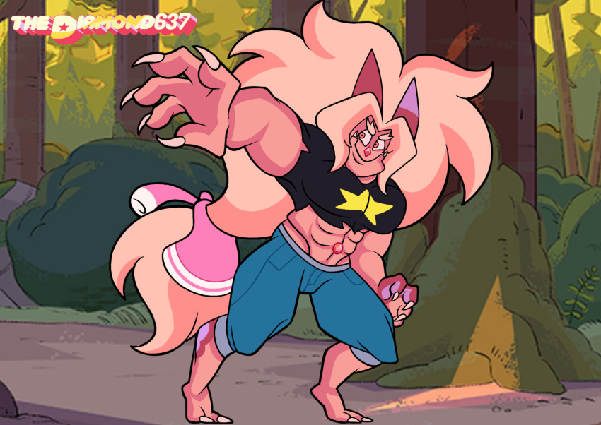 2_horns 2_toes abs alien ambiguous_gender anthro bottomwear cartoon_network claws clothing crop_top denim denim_bottomwear denim_clothing fan_character feet fusion gem gem_(species) gem_fusion hair hi_res horn jasper_(steven_universe) jeans muscular pants ponytail shirt smile solo steven_quartz_universe steven_universe style_parody thediamond637 toes toony topwear