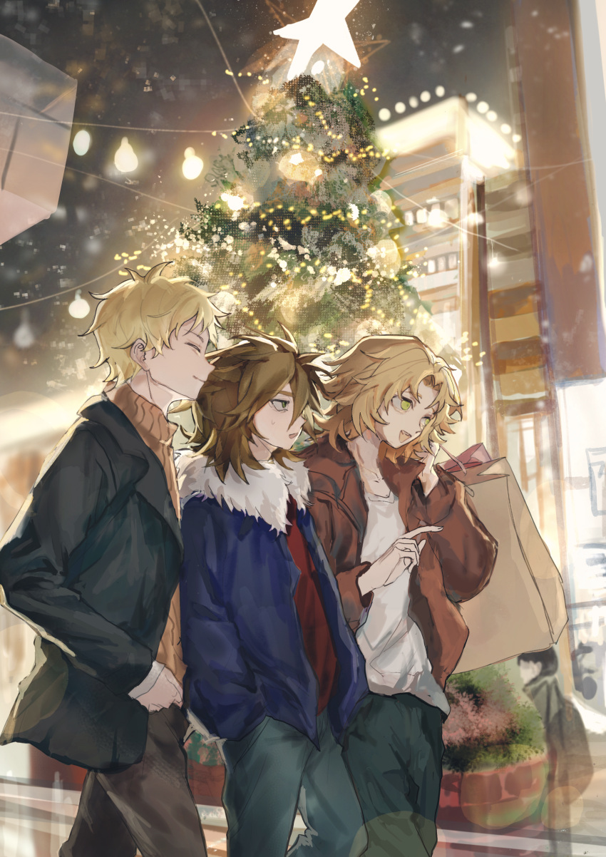 3boys absurdres atou_haruki bag black_jacket blonde_hair brown_hair brown_jacket brown_pants brown_sweater chinese_commentary christmas christmas_star christmas_tree closed_eyes closed_mouth commentary_request fang fur-trimmed_jacket fur_trim green_eyes green_pants hands_in_pockets highres isoi_reiji jacket jintianyeshibaikaishui light_brown_hair long_sleeves male_focus medium_hair multiple_boys night open_clothes open_jacket open_mouth pants red_shirt ribbed_sweater saibou_shinkyoku sanpaku shinano_eiji shirt shopping_bag short_hair smile sweat sweater turtleneck turtleneck_sweater upper_body white_shirt