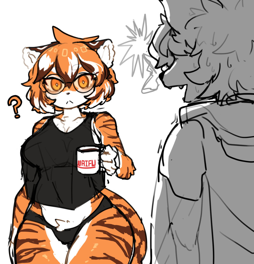 1boy 1girl :&lt; ? animal_ears animal_print arknights black_panties black_shirt body_fur breasts cleavage closed_mouth coat collarbone cup dog_boy dog_ears english_text furry furry_female furry_male glasses highres holding holding_cup hung_(arknights) large_breasts mug open_mouth orange_eyes orange_hair panties round_eyewear shirt short_hair simple_background sleeveless sleeveless_shirt surprised tail tiger_ears tiger_girl tiger_print tiger_tail tofffffu underwear waai_fu_(arknights) white_background