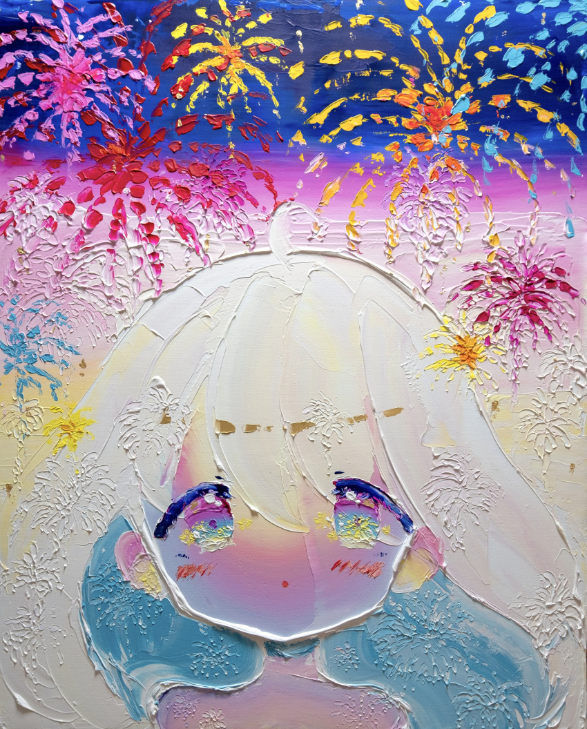 1girl absurdres acrylic_paint_(medium) ahoge bare_shoulders blue_eyes blue_hair blush colored_inner_hair colored_skin commentary_request dot_mouth english_commentary fireworks gradient_skin hair_between_eyes highres impasto mixed-language_commentary multicolored_hair no_nose no_sclera oda_mifuu original painting_(medium) purple_eyes purple_pupils purple_skin solo straight-on tareme traditional_media white_hair