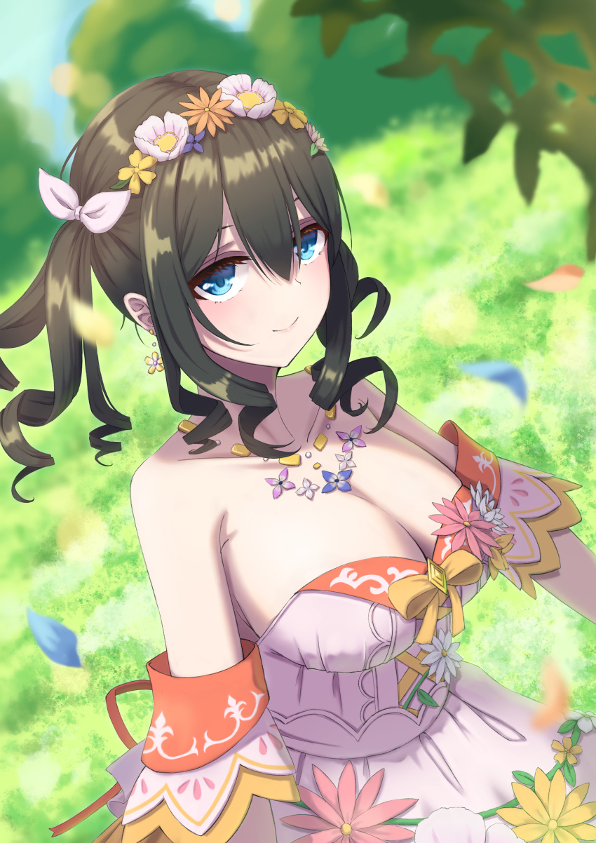 1girl absurdres bare_shoulders black_hair blue_eyes bow breasts cleavage collarbone detached_sleeves dress flower hair_between_eyes hair_ribbon head_wreath highres idolmaster idolmaster_cinderella_girls idolmaster_cinderella_girls_starlight_stage jewelry large_breasts looking_at_viewer nanaba_(7leaves) necklace pink_dress ribbon sagisawa_fumika smile solo twintails yellow_bow