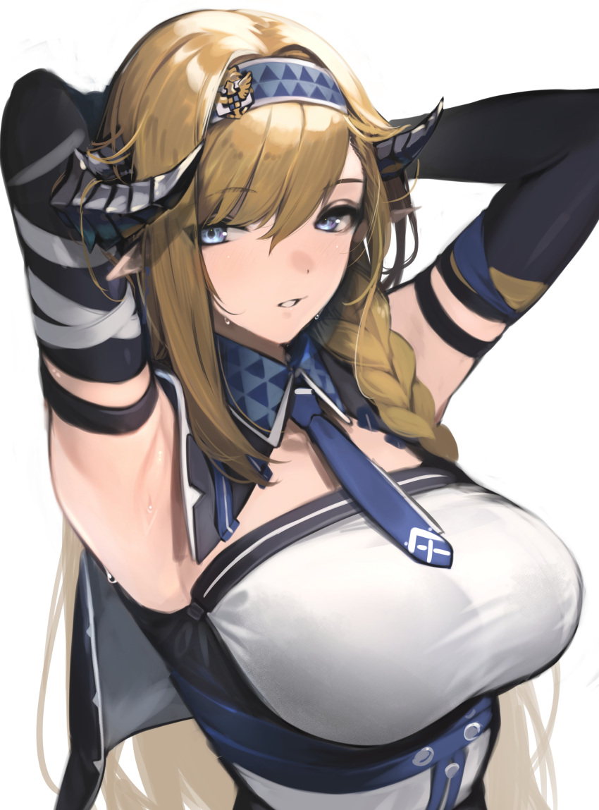 1girl absurdres arknights arm_strap armpits arms_up bare_shoulders black_gloves blonde_hair blue_eyes blue_hairband blue_necktie braid breasts commentary elbow_gloves gloves hairband highres horns large_breasts long_hair looking_at_viewer mari0ball necktie parted_lips pointy_ears saileach_(arknights) shirt simple_background solo strapless strapless_shirt upper_body very_long_hair white_background white_shirt