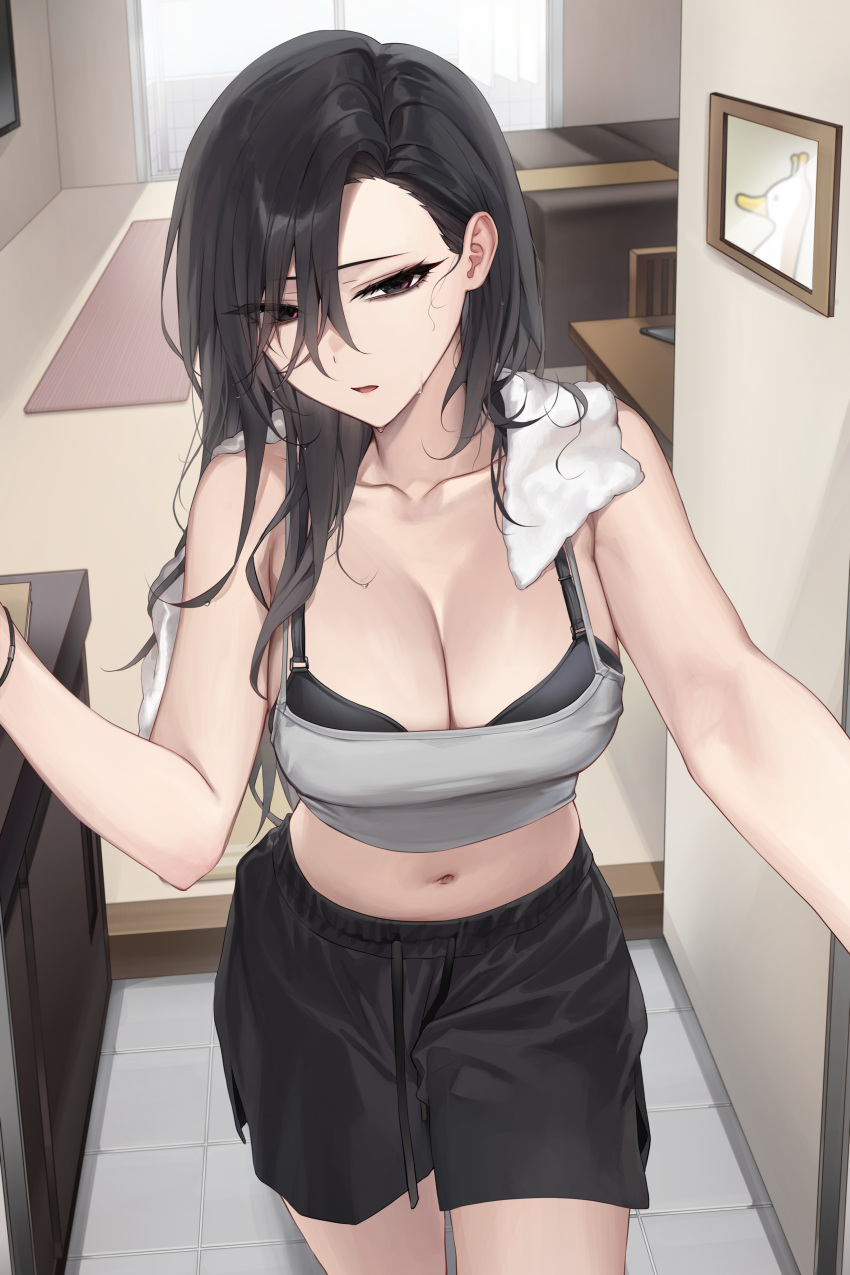 1girl absurdres black_bra black_hair black_shorts bra breasts cleavage commentary_request entrance grey_tank_top hair_over_one_eye highres indoors large_breasts long_hair looking_at_viewer navel original parted_lips picture_frame pov_doorway sabotensuteeki shorts solo standing straight_hair sweat tank_top towel towel_around_neck underwear wet wet_hair wristband
