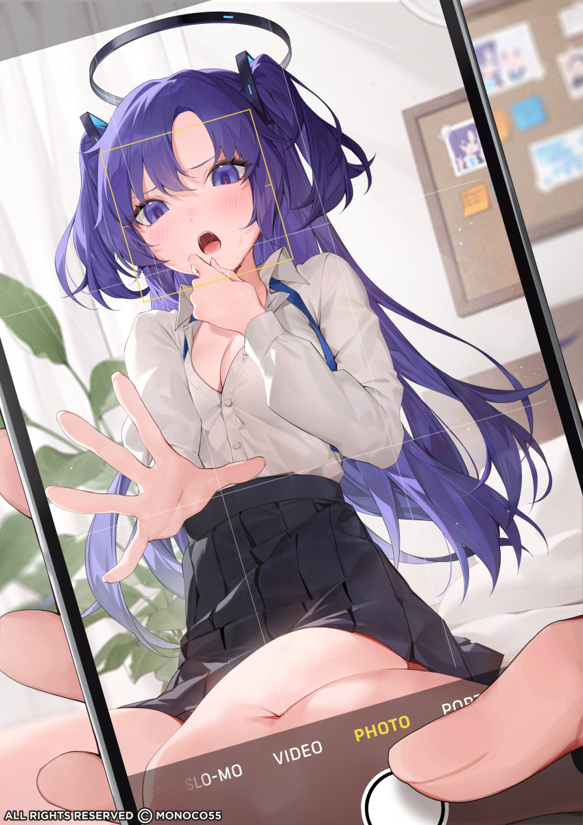 1girl absurdres black_skirt blue_archive blush breasts cellphone cleavage collared_shirt fake_phone_screenshot fake_screenshot halo highres indoors large_breasts long_hair long_sleeves looking_at_viewer mechanical_halo monosucre open_mouth phone pleated_skirt purple_eyes purple_hair shirt skirt smartphone solo_focus two_side_up white_shirt yuuka_(blue_archive)