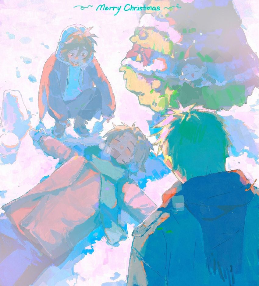 3boys atou_haruki blonde_hair blue_pants brown_jacket christmas christmas_tree closed_eyes commentary_request english_text green_scarf highres hood hood_up hoodie isoi_reiji iuew jacket light_brown_hair long_sleeves lying male_focus merry_christmas mittens multiple_boys on_back open_clothes open_jacket open_mouth pants red_scarf saibou_shinkyoku scarf shinano_eiji short_hair smile squatting white_hoodie white_mittens