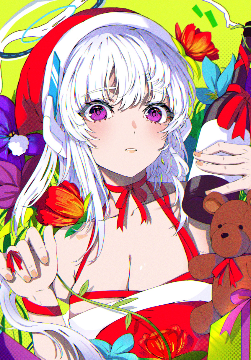 absurdres alcohol blue_archive blue_flower blush bottle breasts christmas christmas_present cleavage close-up colorful flower fur_trim gift grey_hair hair_flower hair_ornament halo hat headgear headphones highres holding holding_bottle large_breasts long_hair looking_at_viewer mechanical_halo neck_ribbon noa_(blue_archive) plant purple_eyes red_flower red_ribbon ribbon santa_hat stuffed_animal stuffed_toy suang teddy_bear vines white_hair white_halo wine wine_bottle yellow_background