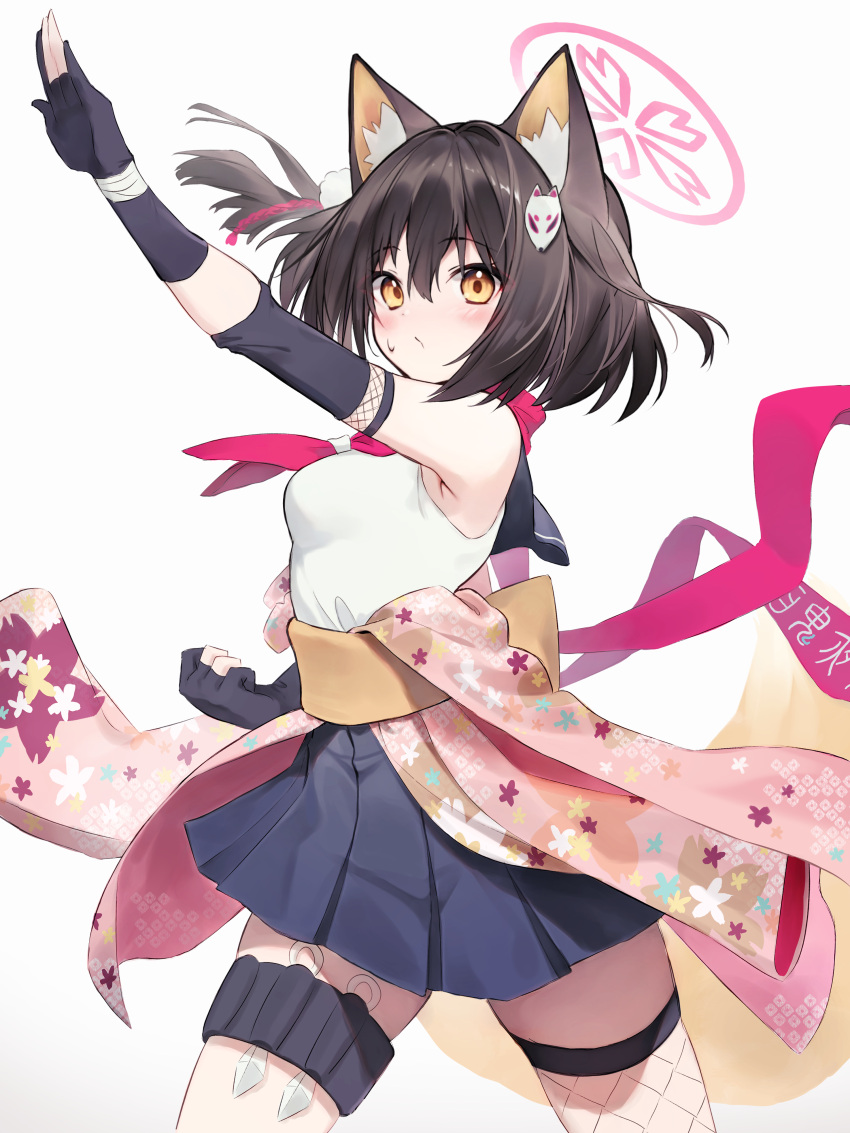 1girl absurdres animal_ear_fluff animal_ears black_gloves black_skirt blue_archive brown_hair commentary_request diieru elbow_gloves floral_print fox_ears fox_girl fox_tail gloves halo highres holster izuna_(blue_archive) light_blush neckerchief partially_fingerless_gloves pink_halo pink_neckerchief pleated_skirt short_hair simple_background skirt solo sweatdrop tail thigh_holster white_background yellow_eyes