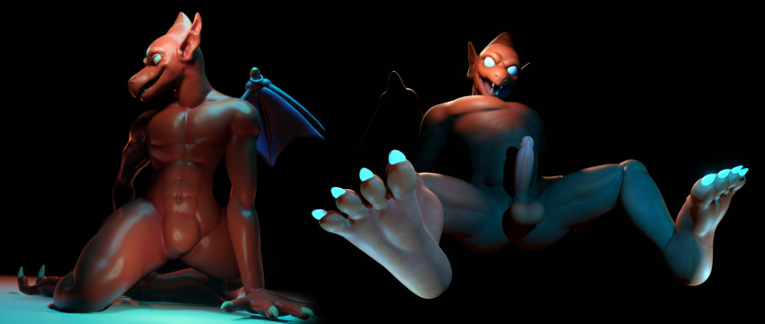 3d_(artwork) abs balls blender_(software) capcom claws demon demon's_crest digital_media_(artwork) empty_eyes erection fangs featureless_chest featureless_crotch feet firebrand gargoyle gargoyle's_quest genitals hand_on_butt hi_res humanoid_feet humanoid_genitalia humanoid_penis humanoid_pointy_ears looking_at_viewer looking_back male membrane_(anatomy) membranous_wings multiple_images nude pecs penis plantigrade red_arremer red_body see-saw solo teeth toe_claws tongue wings