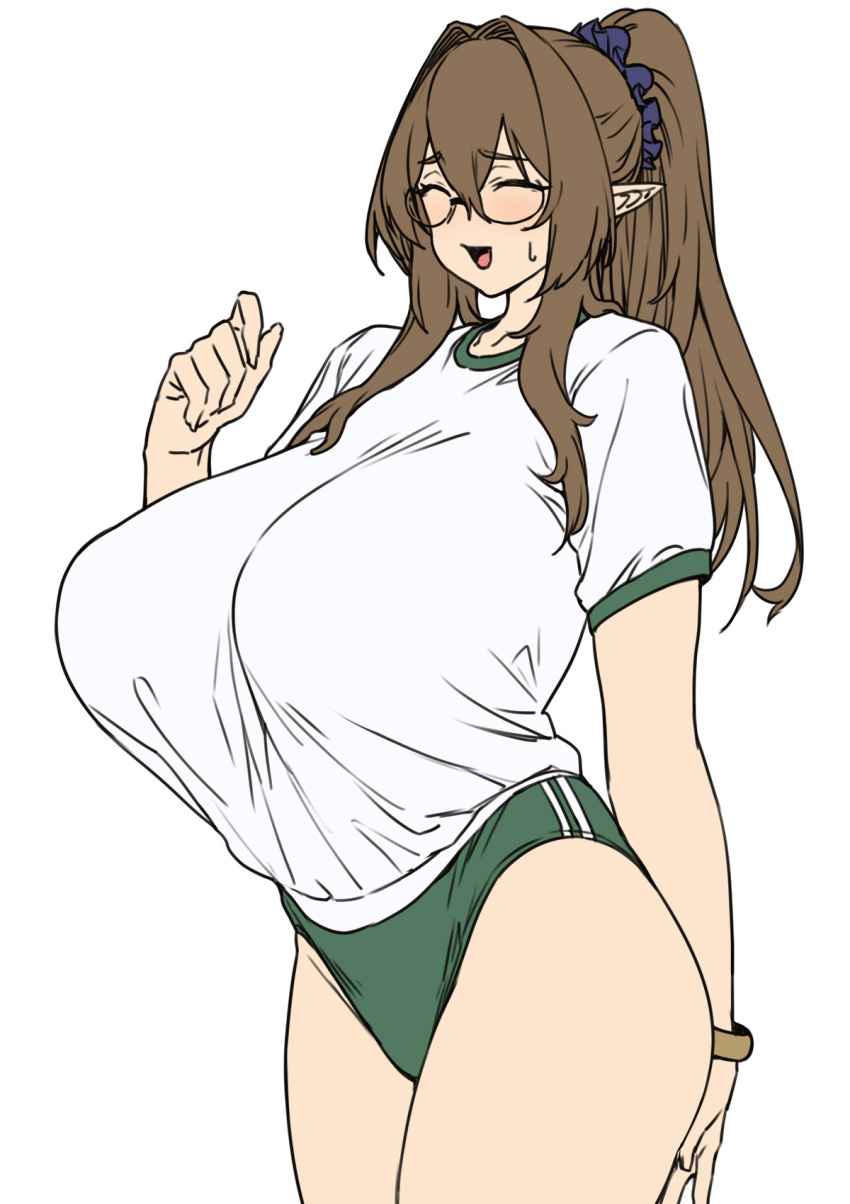 1girl :d ^_^ breasts brown_hair buruma closed_eyes green_buruma gym_shirt gym_uniform hair_between_eyes highres houtengeki huge_breasts looking_at_viewer original ponytail shirt short_sleeves simple_background smile solo white_background white_shirt