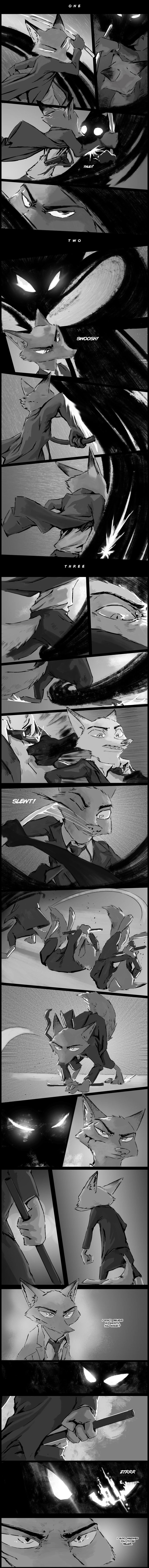 2017 anthro barefoot baton blood canine claws clothed clothing comic dialogue disney duo english_text fight fox glowing glowing_eyes greyscale holding_object holding_weapon male mammal monochrome necktie nick_wilde standing suit text thewyvernsweaver weapon wounded zootopia