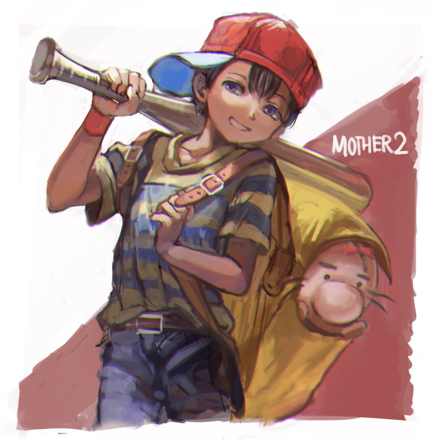 baseball_cap black_hair blue_eyes doseisan hat highres male_focus mother_(game) mother_2 myuu1995 ness shirt short_hair smile striped striped_shirt