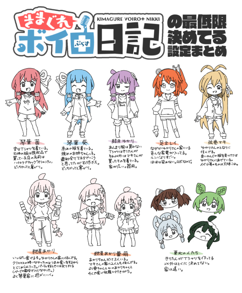 6+girls :&gt; ^_^ a.i._voice adachi_rei ahoge android animal_ears antenna_hair beads black_hair blonde_hair blue_hair braid brown_hair cardigan character_name chibi closed_eyes closed_mouth commentary_request datemegane finger_to_own_chin food fox_ears green_hair grey_hair hair_beads hair_ornament hairband headgear headlamp highres holding holding_food hood hood_down hoodie information_sheet jacket kizuna_akari kizuna_akari_(moe) kizuna_akari_(tsubomi) kotonoha_akane kotonoha_aoi long_hair low_twin_braids multiple_girls one_eye_closed one_side_up open_clothes open_jacket open_mouth orange_hair outstretched_arms partially_colored pink_hair pleated_skirt print_shirt purple_hair radio_antenna shirt short_hair_with_long_locks shorts siblings side_braid sidelocks sisters skirt smile sparkle_hair_ornament spread_arms sweater t-shirt title touhoku_itako touhoku_kiritan touhoku_zunko translation_request tsurumaki_maki turtleneck turtleneck_sweater twin_braids utau v-shaped_eyebrows very_long_hair vocaloid voiceroid voicevox white_hair yuzuki_yukari zundamon