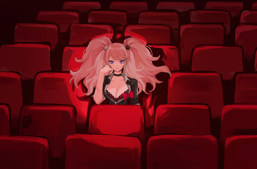 1girl absurdres bear_hair_ornament black_choker black_shirt blonde_hair breasts chair choker cleavage danganronpa:_trigger_happy_havoc danganronpa_(series) enoshima_junko hair_ornament hand_up highres hy_(fjvlg) large_breasts long_hair looking_at_viewer movie_theater shirt sitting solo twintails