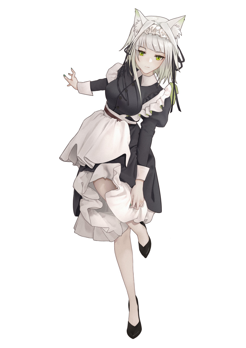 1girl absurdres arknights black_dress black_footwear black_ribbon breasts dress full_body green_eyes green_nails grey_hair hair_ribbon highres kal'tsit_(arknights) leg_up long_sleeves looking_at_viewer maid nail_polish official_alternate_costume puppy_(user_kfpt4478) ribbon simple_background small_breasts solo standing standing_on_one_leg white_background