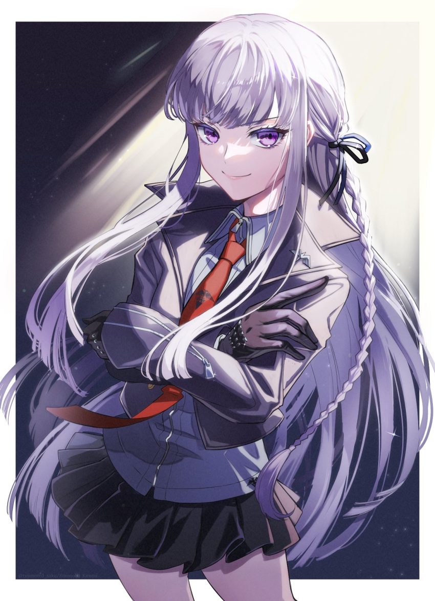 1girl black_gloves black_jacket black_skirt border braid brown_necktie closed_mouth collared_shirt crossed_arms danganronpa:_trigger_happy_havoc danganronpa_(series) gloves grey_hair grey_shirt highres jacket kirigiri_kyoko kusatakesi long_sleeves miniskirt necktie open_clothes open_jacket outside_border pink_eyes pleated_skirt revision shirt side_braid single_braid skirt smile solo white_border white_shirt