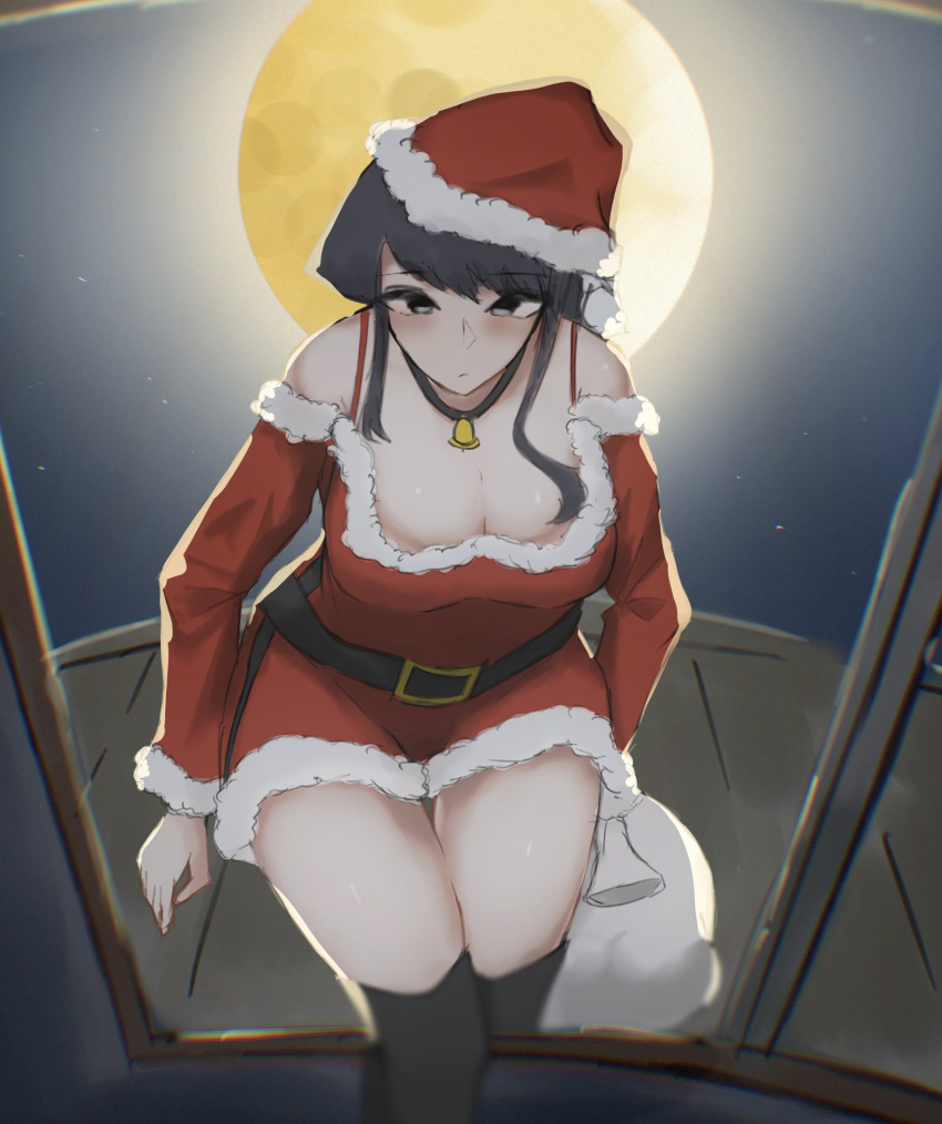 1girl bag bell black_eyes black_hair blush boots bra_strap breasts choker cleavage cleavage_cutout clothing_cutout dress full_moon hat highres komi-san_wa_komyushou_desu komi_shouko large_breasts long_hair miniskirt moon moonlight neck_bell night night_sky santa_boots santa_costume santa_dress santa_hat skirt sky solo thighs through_window window yona_springer