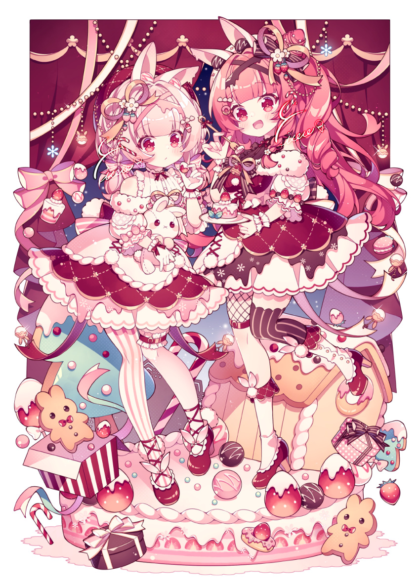 2girls animal_ears asymmetrical_legwear bare_shoulders blue_sky blush border bow cake christmas_tree closed_mouth commentary cookie curtains dot_mouth dress food fruit full_body gift hair_bow hand_up high_heels highres holding holding_food holding_plate holding_stuffed_toy hyou_(pixiv3677917) long_hair mismatched_legwear multiple_girls open_mouth original pink_bow pink_eyes pink_hair pink_ribbon plate puffy_short_sleeves puffy_sleeves red_dress red_footwear red_thighhighs ribbon short_hair short_sleeves single_thighhigh sky strawberry striped striped_thighhighs stuffed_animal stuffed_rabbit stuffed_toy symbol-only_commentary thighhighs vertical-striped_thighhighs vertical_stripes white_thighhighs wrist_cuffs
