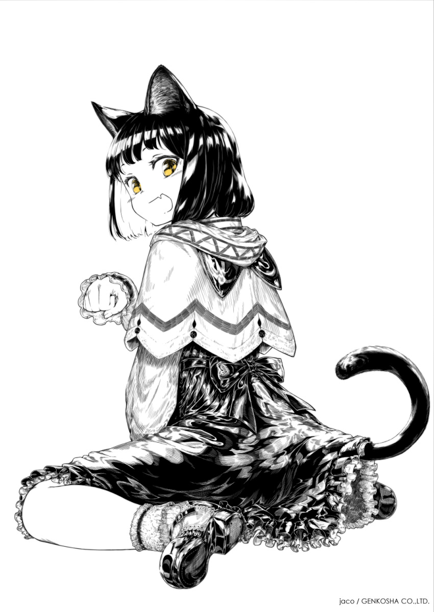 1girl animal_ears black_dress black_hair bob_cut cat_ears cat_girl cat_tail dress highres jaco looking_at_viewer mary_janes monochrome on_floor original paw_pose shoes sitting spot_color tail wariza yellow_eyes