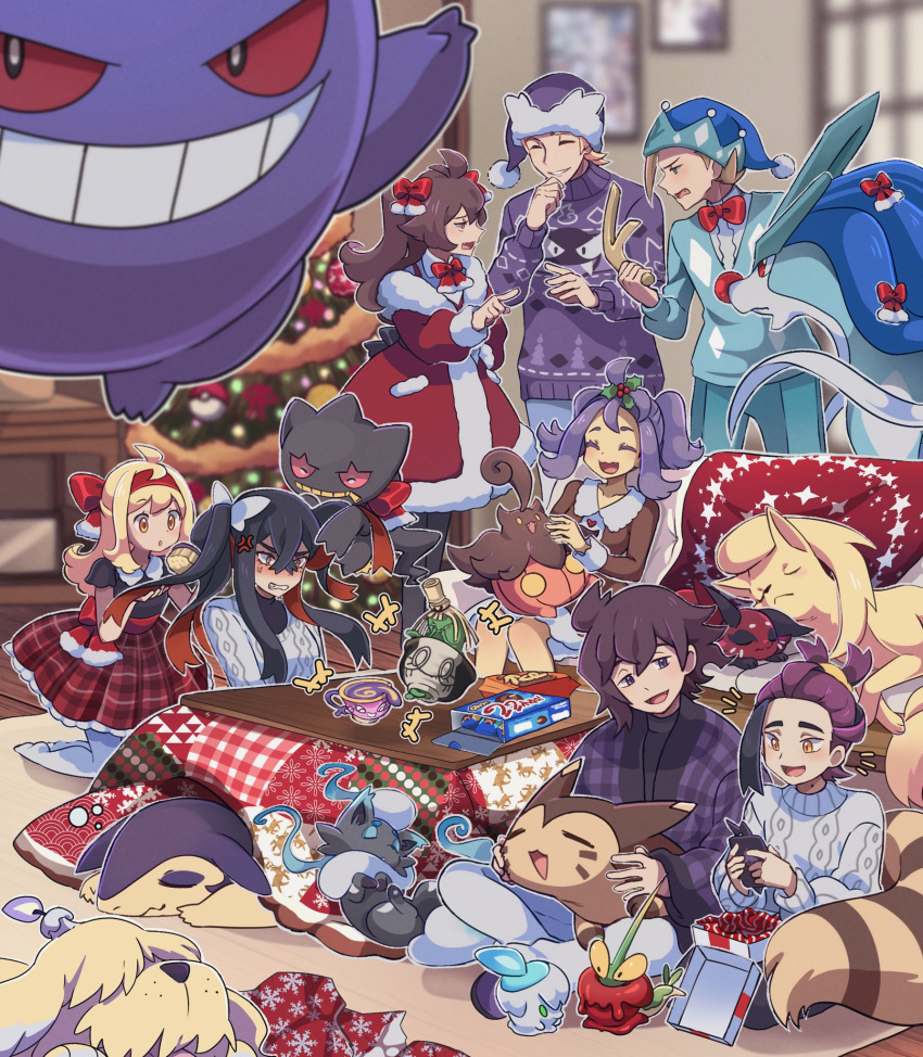 +++ 4boys 4girls :o acerola_(pokemon) alternate_color anger_vein apple banette black_eyes black_skin blonde_hair blue_headwear blurry blurry_background bow brown_fur candle carmine_(pokemon) cerise character_request christmas christmas_tree closed_eyes coat colored_inner_hair colored_sclera colored_skin crossed_bangs dipplin dog english_commentary eusine_(pokemon) floating food freckles fruit fur-trimmed_coat fur_trim furret gastly gengar gift greavard grin hairband hat highres hisuian_typhlosion hisuian_zorua holding holding_phone indoors kieran_(pokemon) litwick morty_(pokemon) multicolored_hair multiple_boys multiple_girls nickit ninetales pajamas pants pantyhose phone plaid plaid_skirt poke_ball pokemon pokemon_(creature) pokemon_hgss pokemon_sm pokemon_sv poltchageist pumpkaboo purple_hair purple_headwear purple_skin red_bow red_coat red_eyes red_hair red_hairband red_sclera red_skirt santa_hat shiny_pokemon sinistea sitting skirt sleeping smile snout socks suicune sweater table tail teeth twintails two-tone_hair white_pants white_pantyhose white_sweater worm yellow_eyes