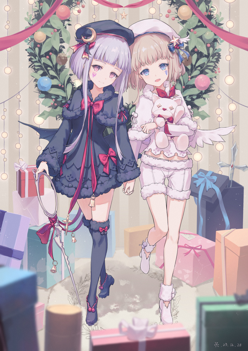 2girls 34341211 :d absurdres arcaea beret black_capelet black_dress black_headwear black_wings blonde_hair blue_eyes capelet christmas christmas_present christmas_wreath closed_mouth crescent dress eto_(arcaea) facial_mark gift hat hat_ornament highres holding holding_hands holding_scissors hugging_doll hugging_object long_sleeves looking_at_viewer luna_(arcaea) multiple_girls purple_eyes purple_hair scissor_blade_(kill_la_kill) scissors shorts siblings smile standing standing_on_one_leg star_(symbol) stuffed_animal stuffed_toy twins white_capelet white_headwear white_shorts white_wings wings wreath