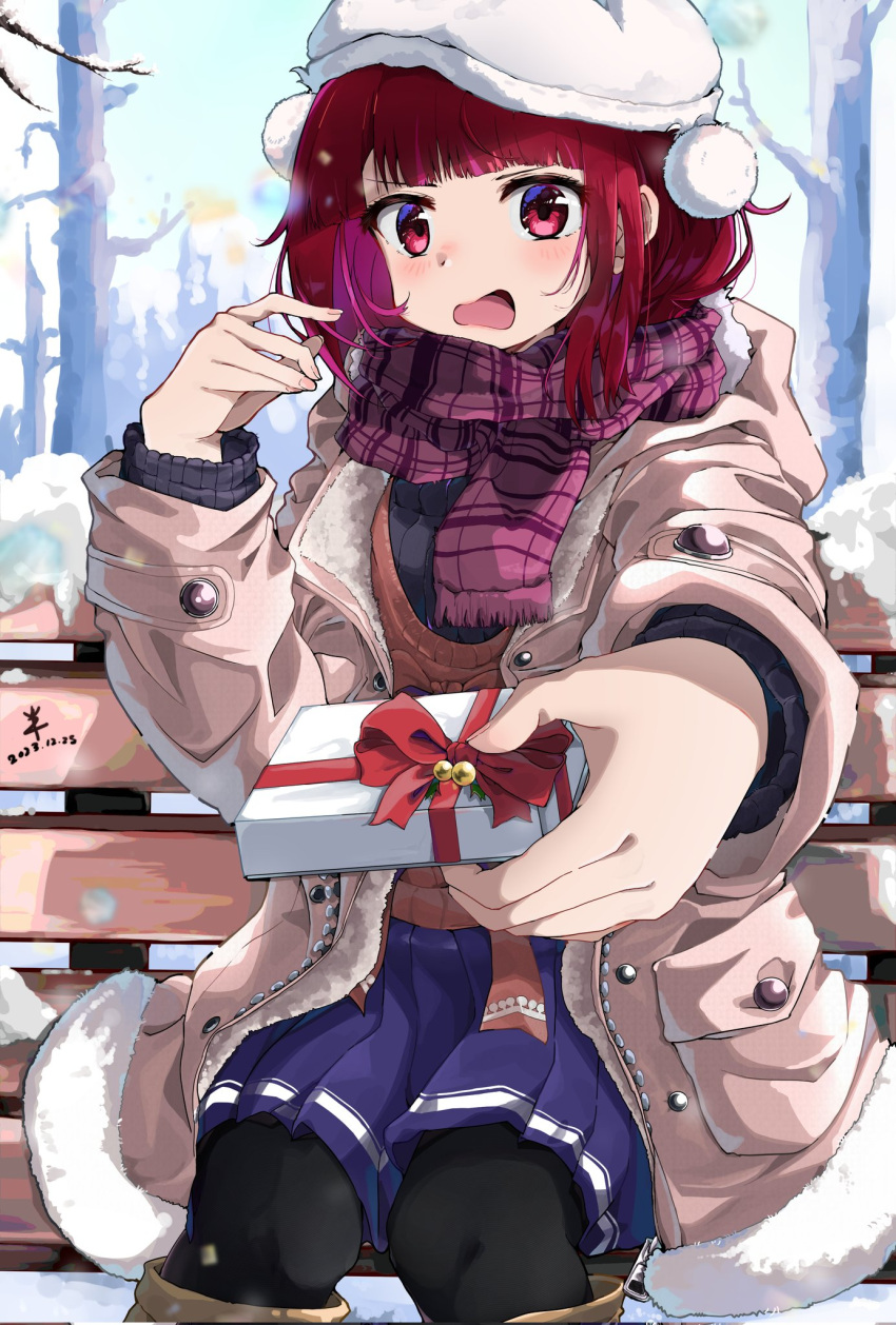 1girl aokaly arima_kana beret bob_cut gift hat highres inverted_bob jacket looking_at_viewer open_mouth oshi_no_ko red_eyes red_hair shawl short_hair sitting skirt snowing socks solo white_headwear