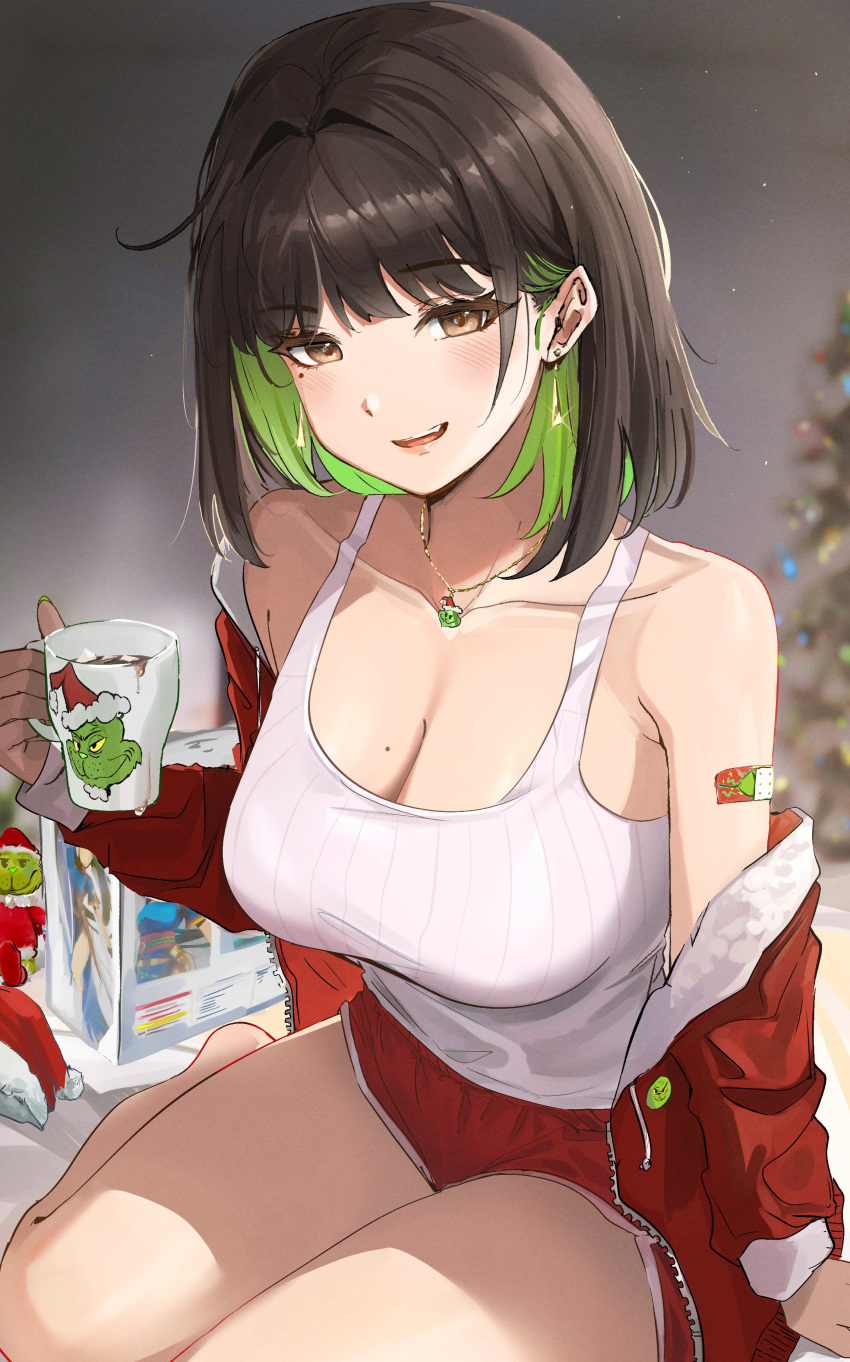 1boy 1girl absurdres bandaid bandaid_on_arm bare_shoulders black_hair breasts brown_eyes christmas cleavage colored_inner_hair earrings green_hair hat highres how_the_grinch_stole_christmas jewelry large_breasts miru_(ormille) mole mole_on_breast mole_under_eye multicolored_hair ormille santa_hat smile the_grinch