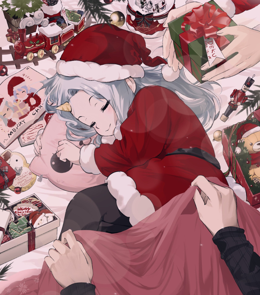 1girl belt blanket boku_no_hero_academia boots box child christmas christmas_present christmas_tree dress eraser_head_(boku_no_hero_academia) eri_(boku_no_hero_academia) gift gift_box grey_hair hat highres horns konekutozzzzz lens_flare long_hair long_sleeves midoriya_izuku santa_boots santa_costume santa_dress santa_hat scar single_horn sleeping smile solo_focus stuffed_animal stuffed_toy teddy_bear toy toy_train