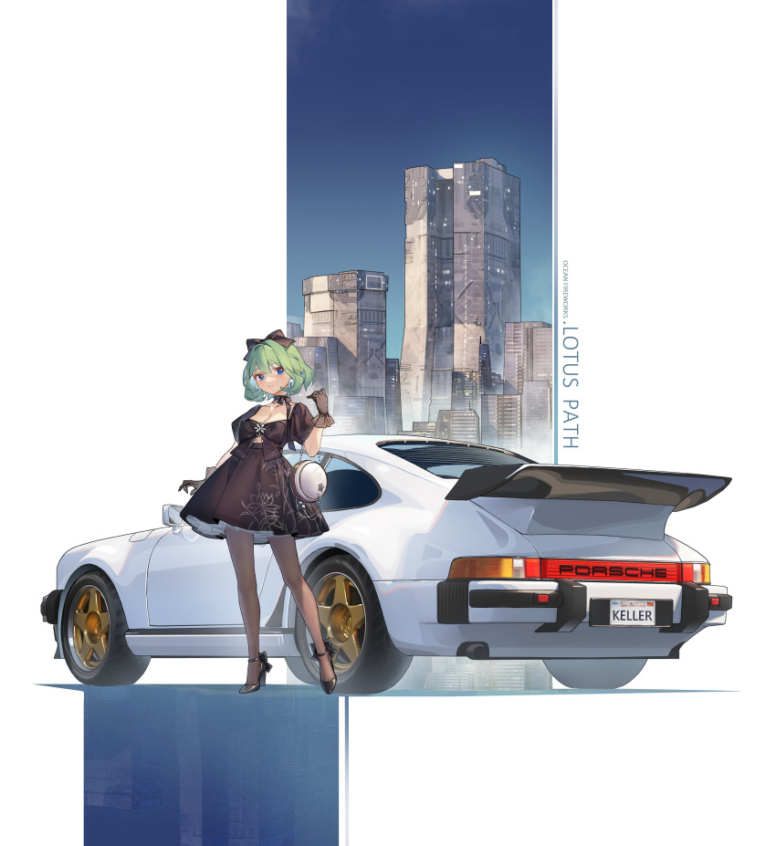 1girl absurdres arnold-s bag black_bow black_dress black_footwear black_ribbon blue_eyes bow breasts brown_pantyhose car check_vehicle city cleavage dress floral_print full_body gloves green_hair grey_gloves hair_bow hand_up handbag heel_up highres legs license_plate looking_at_viewer medium_breasts medium_hair motor_vehicle original pantyhose porsche porsche_911 porsche_930 ribbon short_dress solo spoiler_(automobile) sports_car strappy_heels toe_cleavage vehicle_focus white_background white_car