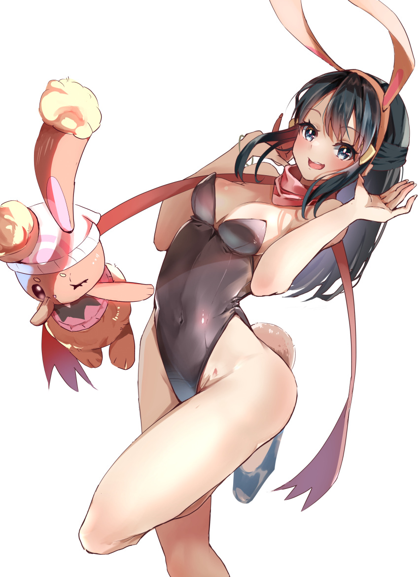 1girl absurdres animal_ears bare_legs breasts buneary cosplay dawn_(pokemon) dawn_(pokemon)_(cosplay) highleg highleg_leotard highres leotard long_hair medium_breasts momdy_(talesshinja) playboy_bunny pokemon pokemon_(creature) pokemon_dppt rabbit_ears scarf simple_background