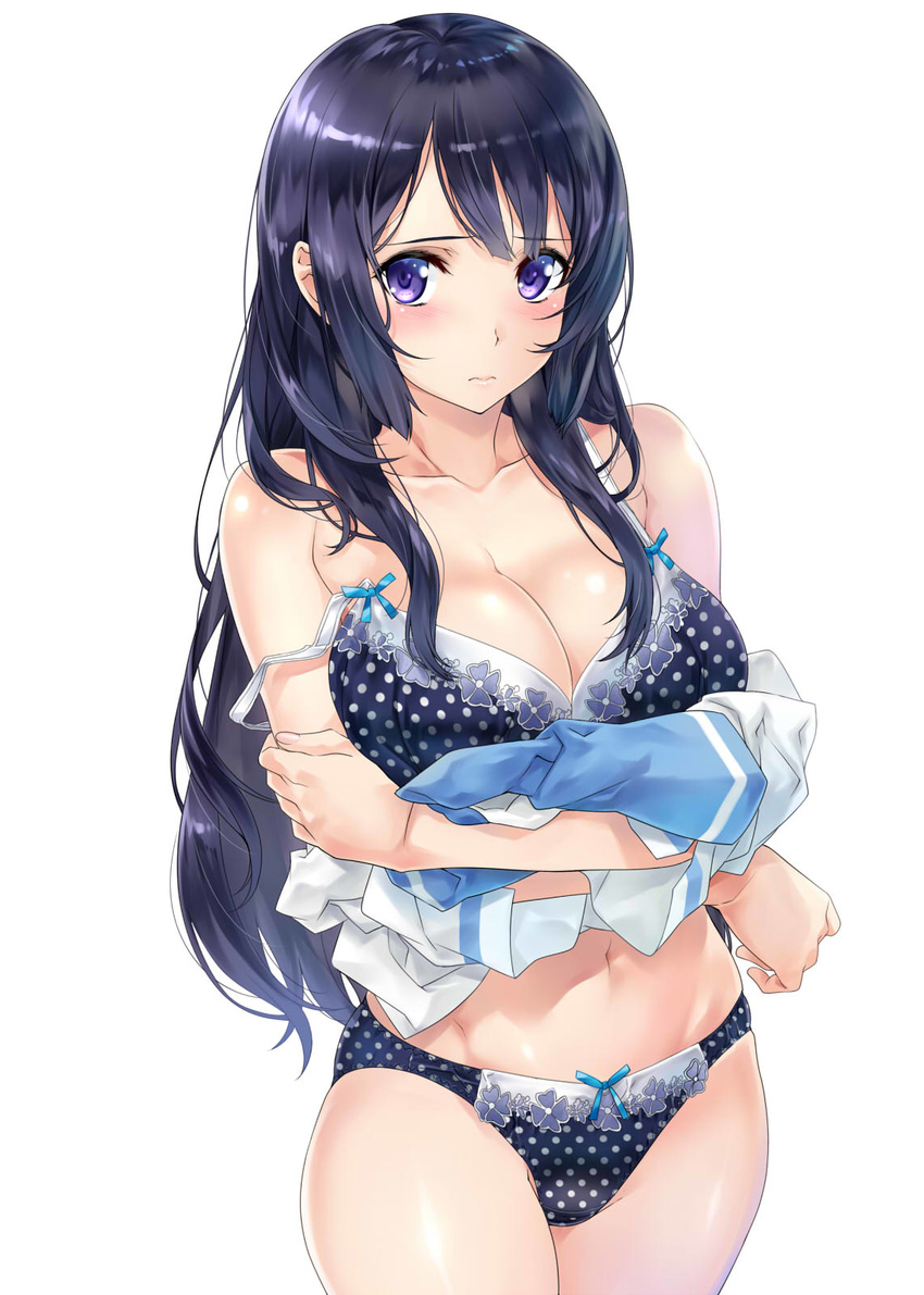 3: bangs blue_bow blue_bra blue_panties blush bow bow_bra bow_panties bra breasts cleavage closed_mouth collarbone commentary_request cowboy_shot crossed_arms eyebrows_visible_through_hair hibike!_euphonium highres kousaka_reina large_breasts long_hair looking_to_the_side nagayori navel panties polka_dot polka_dot_bra polka_dot_panties purple_eyes purple_hair simple_background solo strap_slip thighs underwear underwear_only white_background