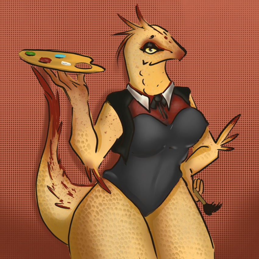anthro clothed clothing dinosaur dromaeosaurid feathered_dinosaur feathers female kimu_(kimuraptor) kimuraptor looking_at_viewer makeup paint_palette pencil_(object) reptile scalie simple_background solo tail theropod