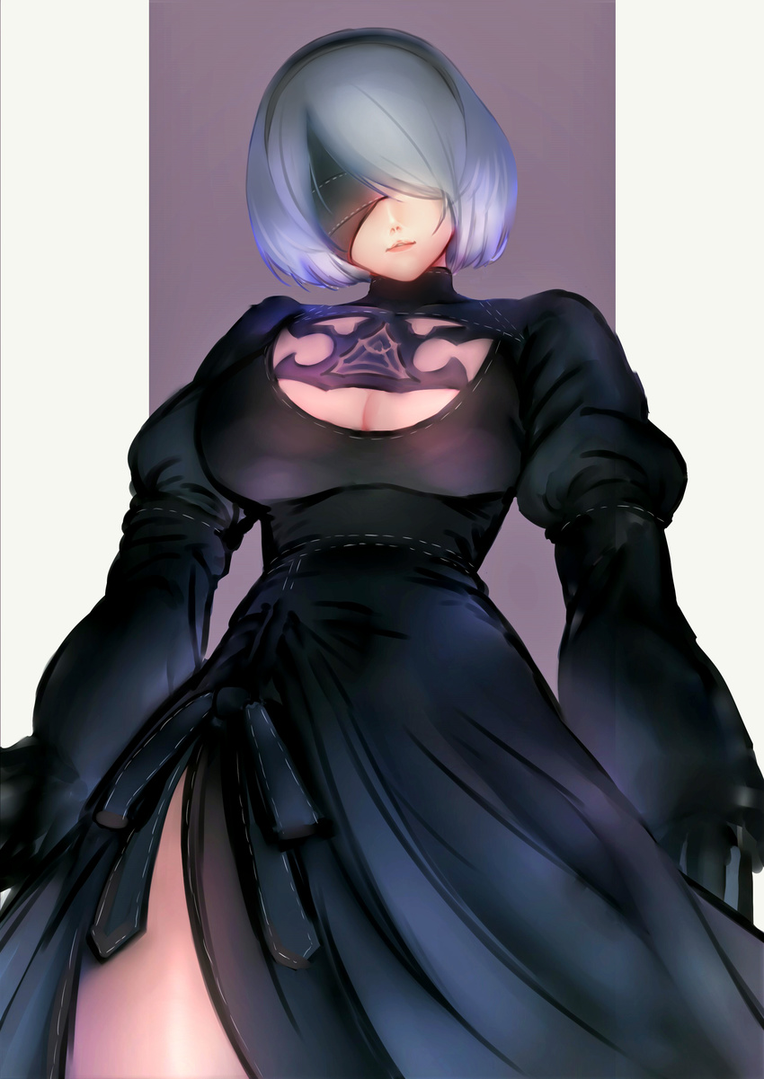 absurdres black_blindfold black_dress black_hair black_hairband blindfold bow breasts cleavage cleavage_cutout covered_eyes cowboy_shot dress facing_viewer hairband highres juliet_sleeves kujuu_shikuro large_breasts light_smile long_sleeves multicolored multicolored_background nier_(series) nier_automata pink_lips puffy_sleeves purple_background short_hair silver_hair solo turtleneck turtleneck_dress white_background yorha_no._2_type_b