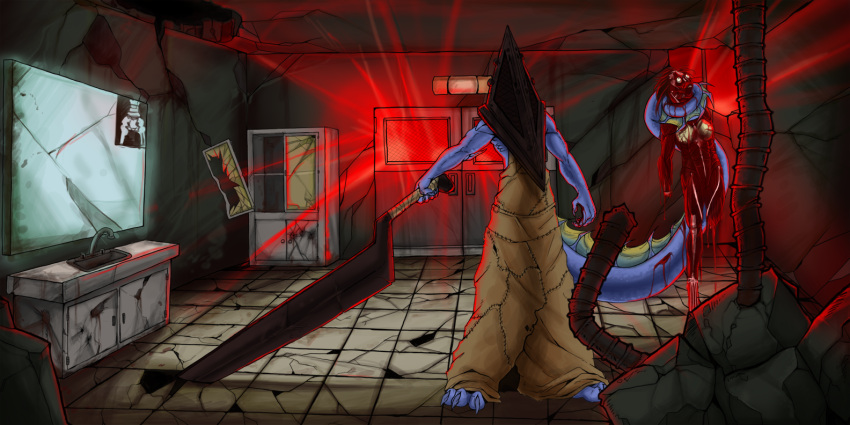 2:1 amputated_limb anthro apron asphyxiation blood bodily_fluids breasts choking clothing death detailed_background digital_media_(artwork) dragon duo female gore great_knife_(silent_hill) horror_(theme) human konami levi_(gentorgal) male mammal pyramid_head_(silent_hill) sage116 scalie silent_hill skinless tail unknown_character