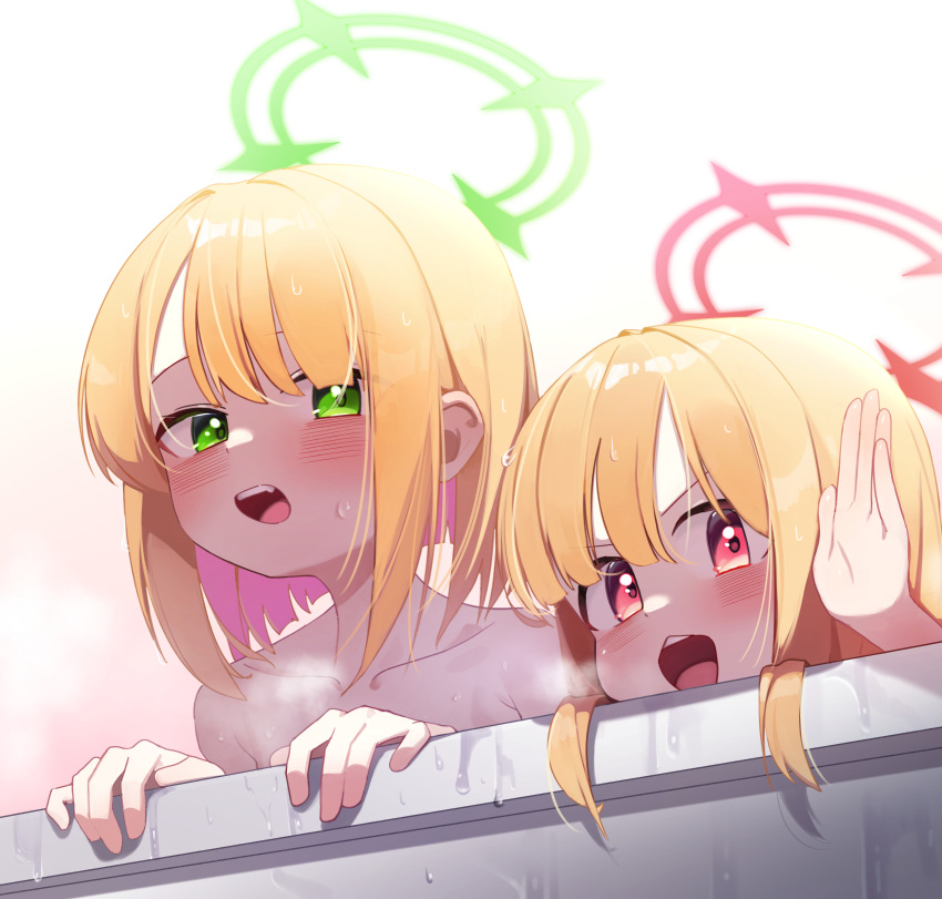 2girls absurdres blonde_hair blue_archive blush colored_inner_hair green_eyes green_halo halo hand_up highres looking_at_viewer medium_hair midori_(blue_archive) momoi_(blue_archive) multicolored_hair multiple_girls open_mouth pink_hair red_eyes red_halo siblings sisters teeth upper_teeth_only wet wet_hair whonyang