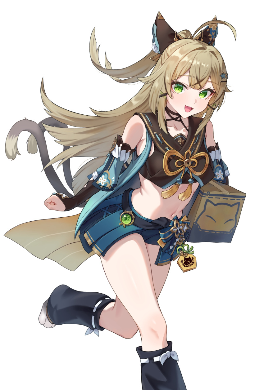 1girl :d animal_ears bare_shoulders black_choker black_shirt blonde_hair box breasts cardboard_box cat_ears choker commentary_request crop_top detached_sleeves foot_out_of_frame genshin_impact green_eyes half_updo highres holding holding_box kadokadokado kirara_(genshin_impact) leg_warmers long_hair looking_at_viewer medium_breasts midriff multiple_tails navel open_mouth shirt simple_background sleeveless sleeveless_shirt smile solo stomach tail thighs two_tails very_long_hair white_background